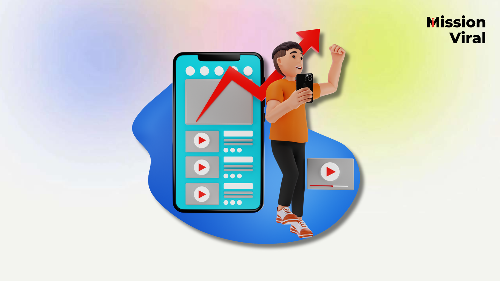 Wie geht man viral? Illustration einer Person, die ein Smartphone hält und sich über steigende Statistiken freut. Im Hintergrund ist ein großes Smartphone mit Video-Content und ein wachsender Pfeil, der Viralität symbolisiert.