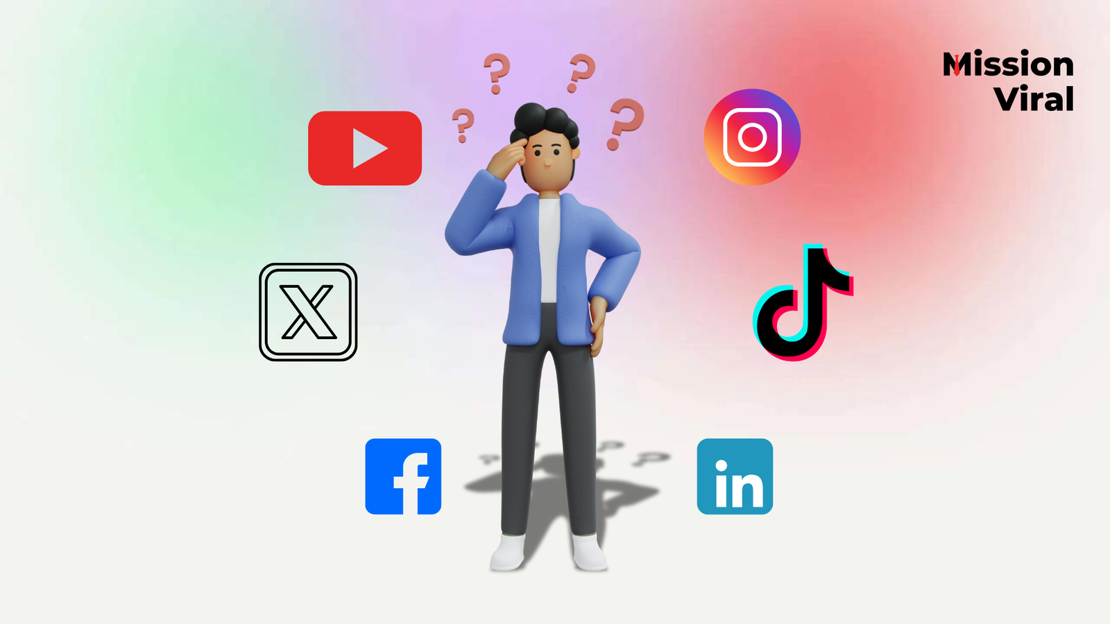 Illustration einer Person, die nachdenkt, umgeben von Logos verschiedener Social-Media-Plattformen wie YouTube, Instagram, TikTok, Facebook, LinkedIn und X (ehemals Twitter) mit dem Titel "Mission Viral".